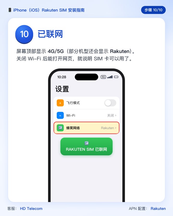 第 10 步：Rakuten SIM 已联网